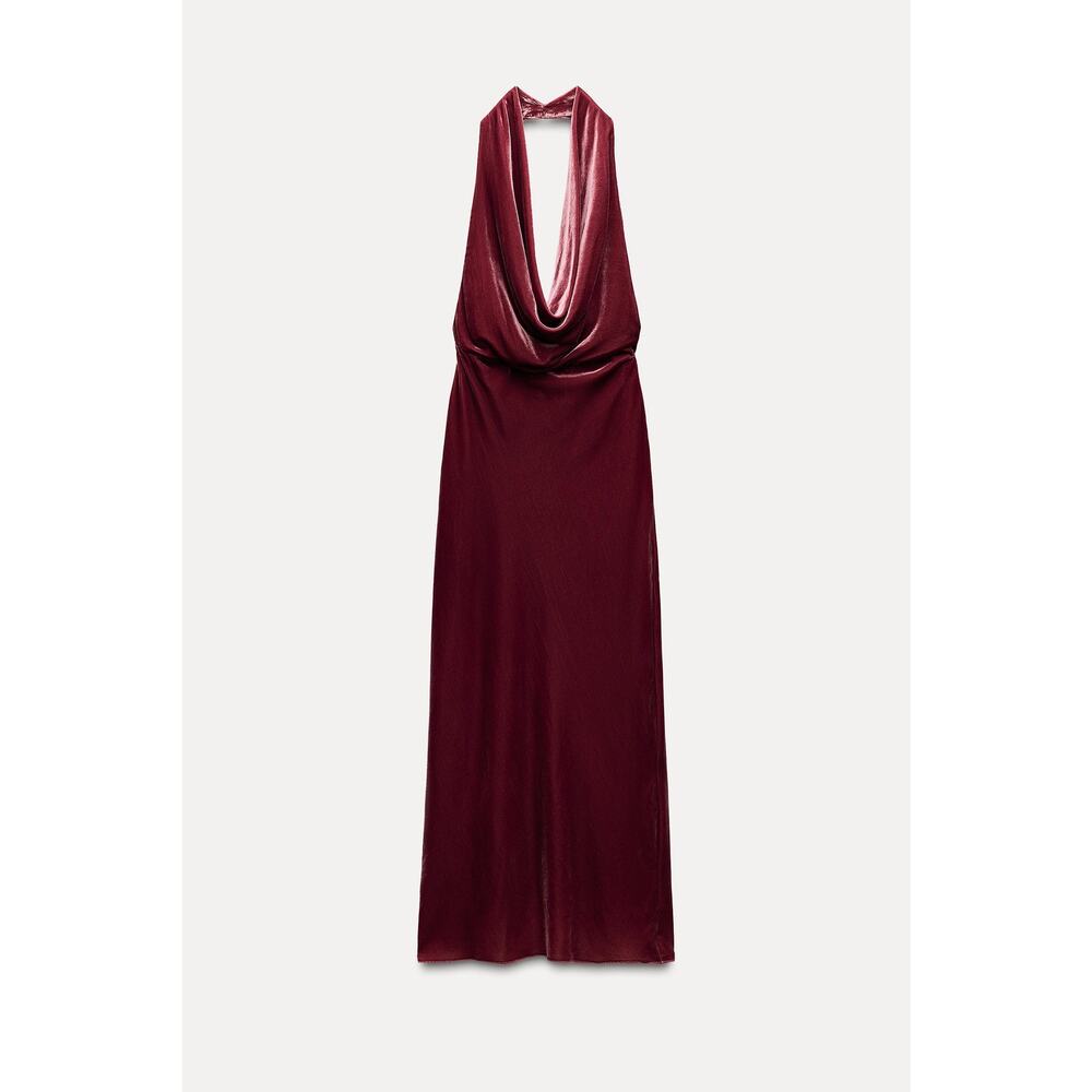 Zara NWT Raspberry Velvet Halter Open Back Maxi Dress M - Picture 15 of 16